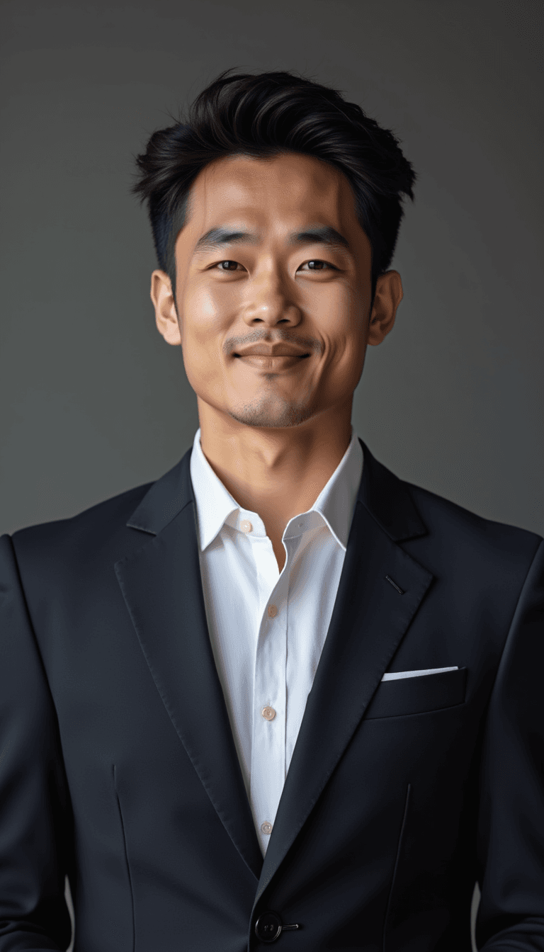 Corporate headshot of man, blazer, subtle smile, professional demeanor, studio lighting, businessman. Emotion: . Environment: . Style: realistic