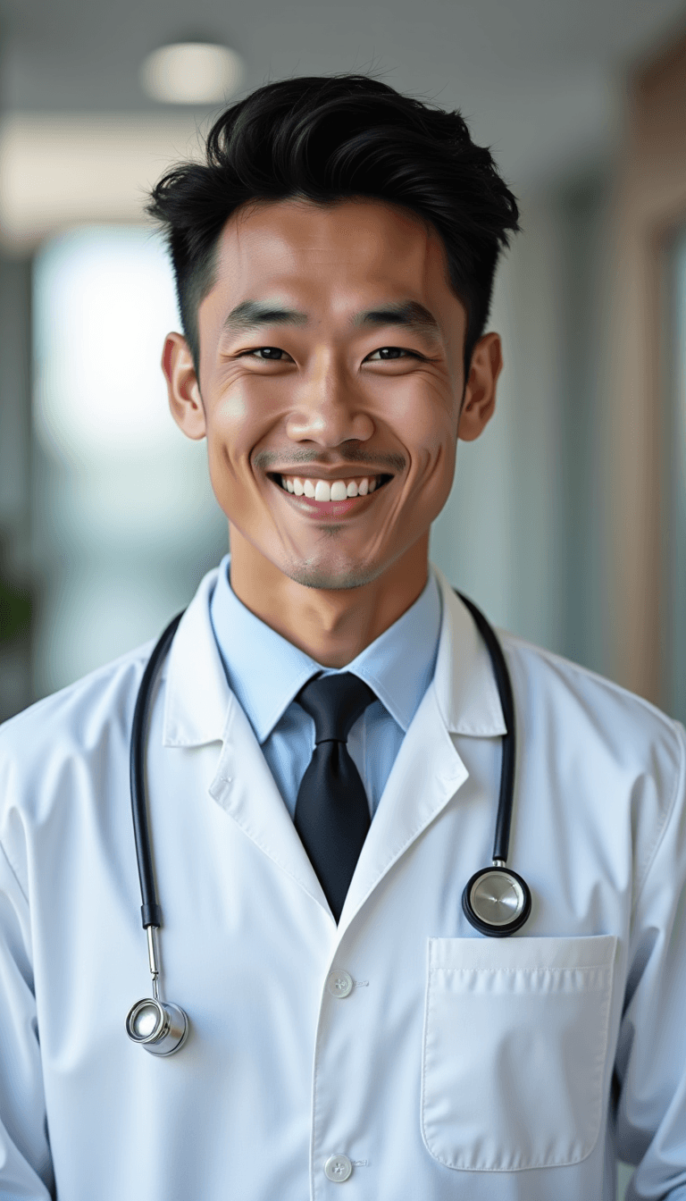 man in medical coat, healthcare professional man, hospital or clinic background, caring expression. Emotion: . Environment: . Style: realistic