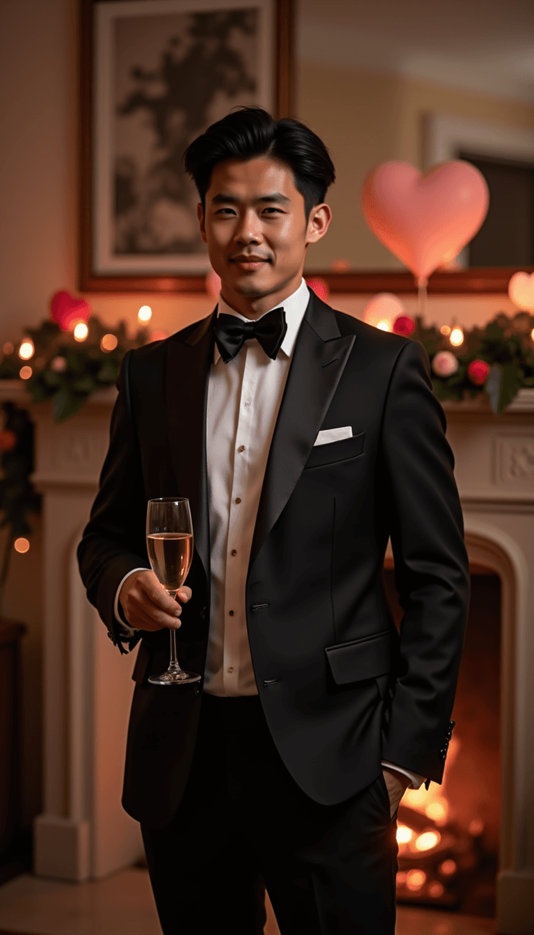 A man in a sharp blazer and dress shirt, standing by a fireplace decorated with Valentine's garland, holding a champagne glass, romantic ambiance. Emotion: . Environment: . Style: realistic