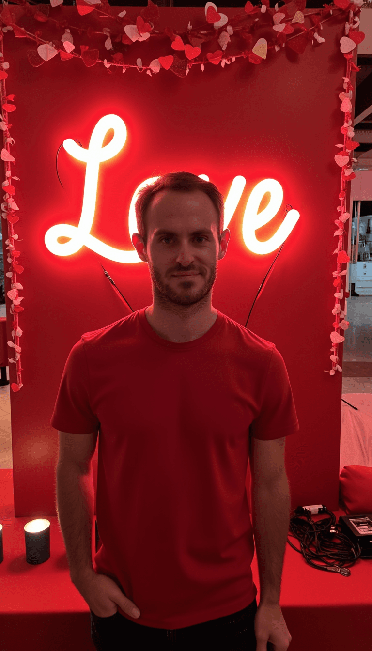 A man wearing a stylish red shirt, standing in front of a glowing 'Love' neon sign, surrounded by Valentine's Day decor like heart-shaped garlands and candles. Emotion: . Environment: . Style: realistic