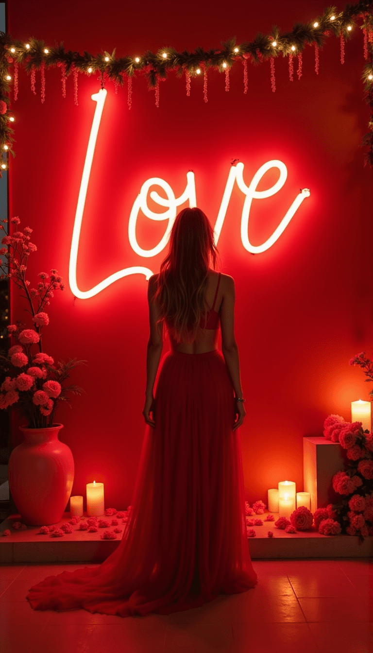 A woman wearing a flowing red dress, standing in front of a glowing 'Love' neon sign, surrounded by Valentine's Day decor like heart-shaped garlands and candles. Emotion: . Environment: . Style: realistic