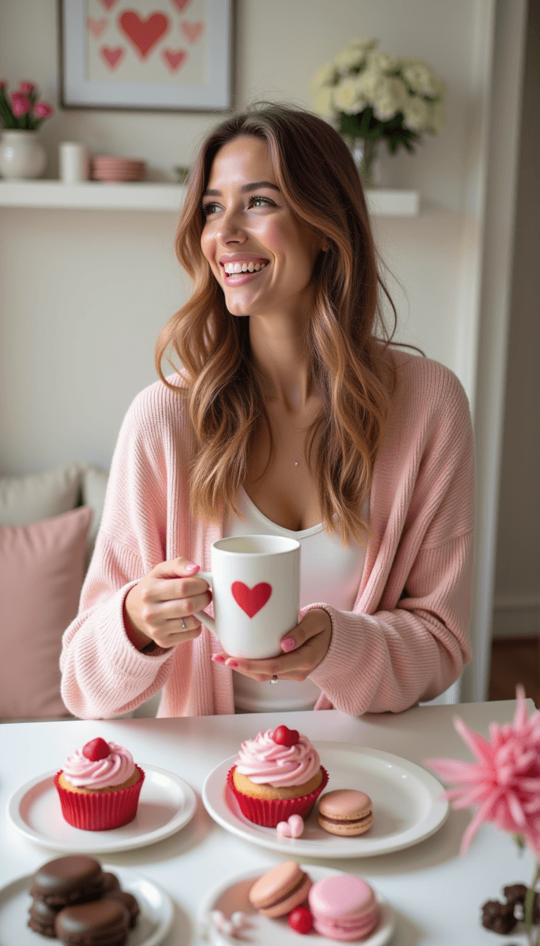 A woman wearing a soft pink cardigan, sitting at a table adorned with Valentine's treats like cupcakes, macarons, and chocolates, holding a steaming mug with a heart design. Emotion: . Environment: . Style: realistic