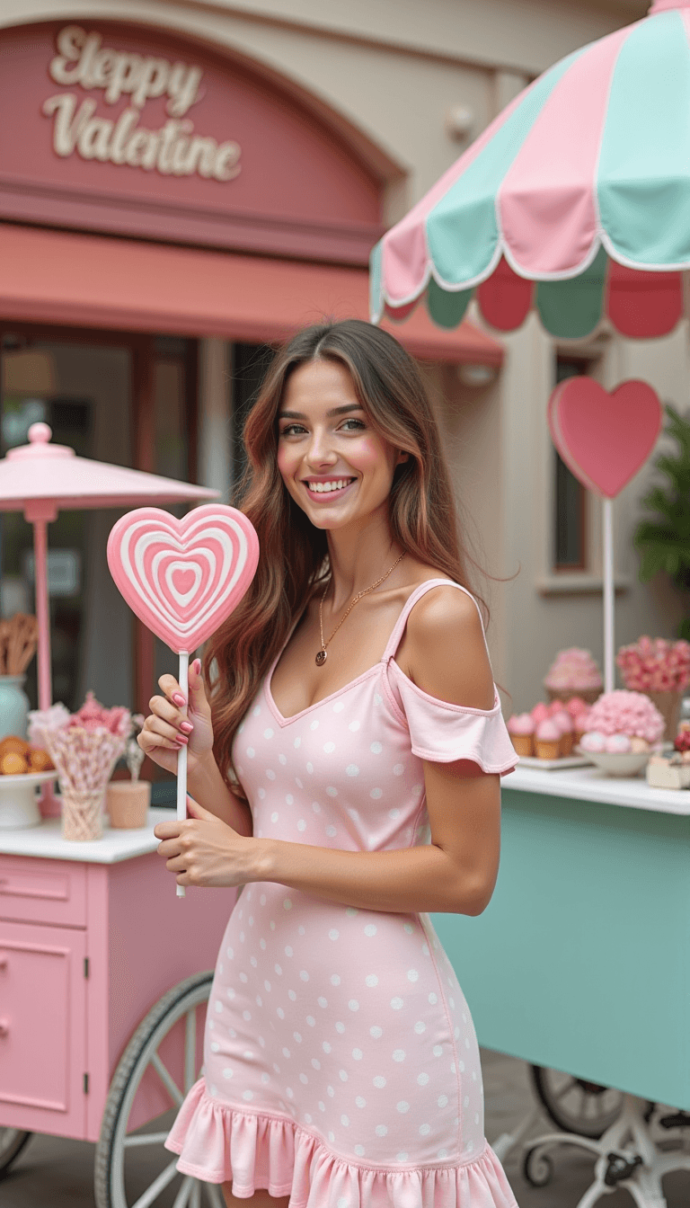 A woman wearing a cute polka-dot dress, holding a large heart-shaped lollipop, standing next to a pastel-colored candy cart with Valentine's treats. Emotion: . Environment: . Style: realistic
