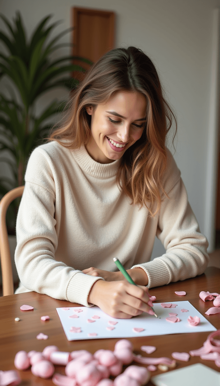 A woman wearing a soft cashmere sweater, creating handmade Valentine's cards with craft supplies, ribbons, and heart stickers spread across a wooden table. Emotion: . Environment: . Style: realistic