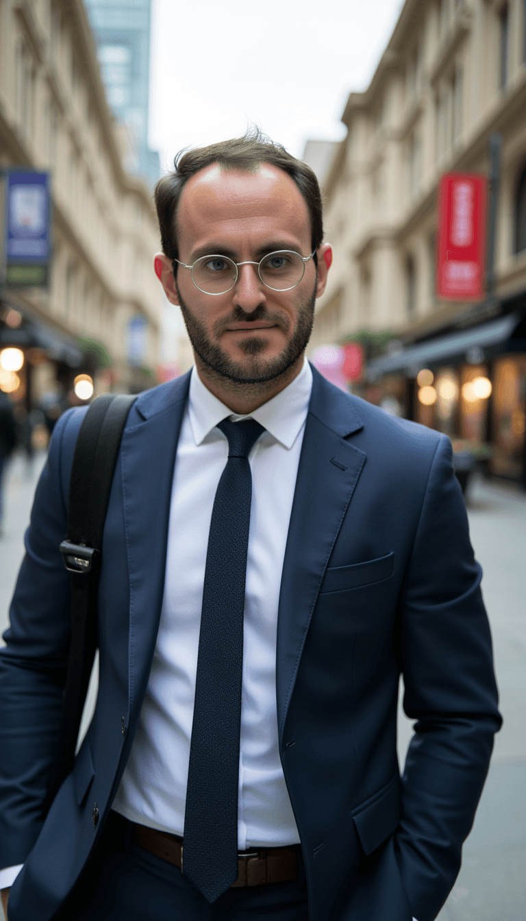 man in financial district, investment professional man, city background, sharp business attire. Emotion: . Environment: . Style: realistic