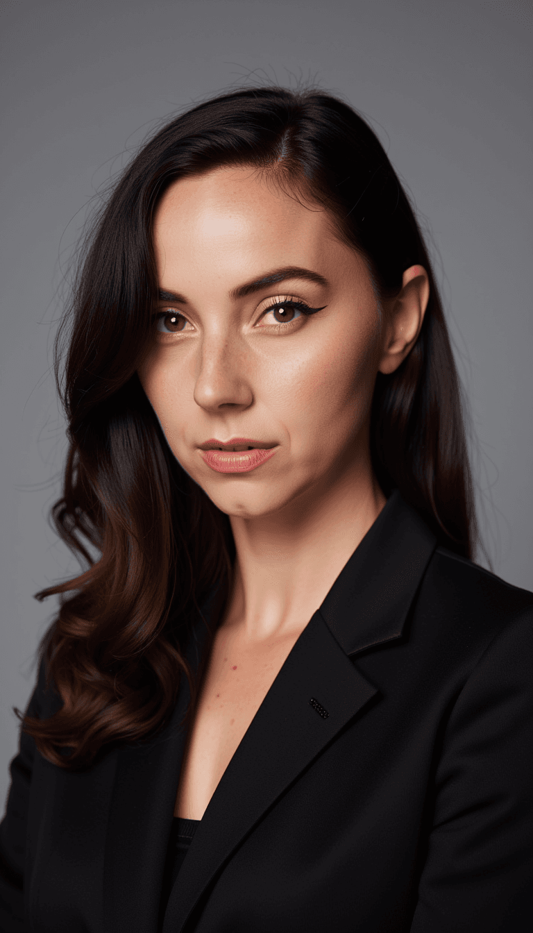 Corporate headshot of woman, blazer, subtle smile, professional demeanor, studio lighting, businesswoman. Emotion: . Environment: . Style: realistic