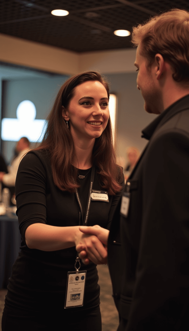 woman networking at business event, social professional woman, handshake or conversation setting. Emotion: . Environment: . Style: realistic