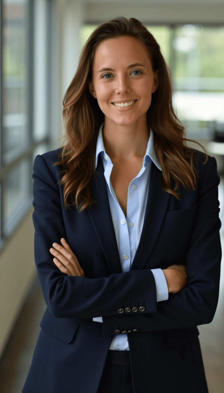 woman in business suit, office background, professional pose, serious but approachable expression, businesswoman. Emotion: . Environment: . Style: realistic