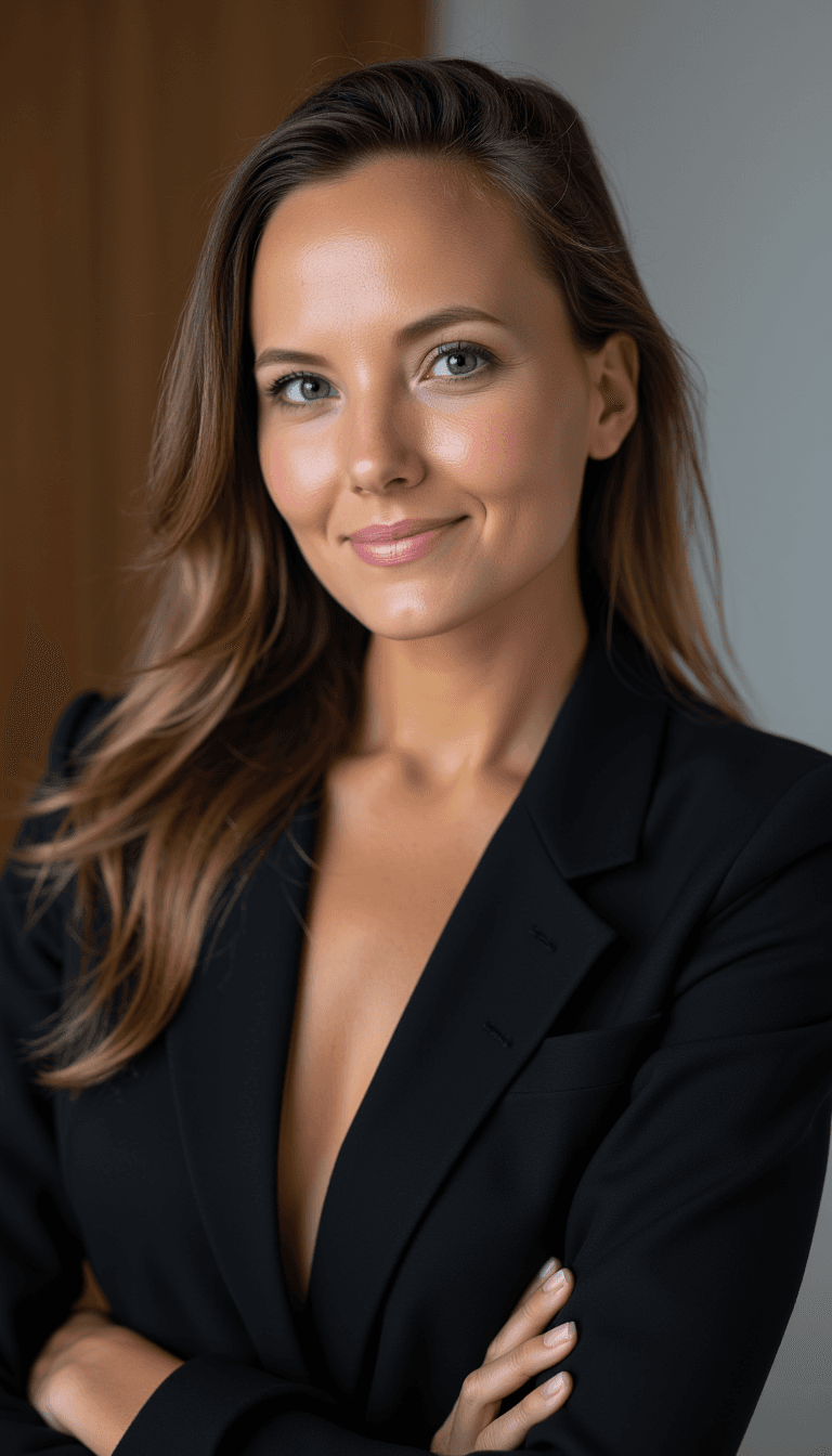 Corporate headshot of woman, blazer, subtle smile, professional demeanor, studio lighting, businesswoman. Emotion: . Environment: . Style: realistic