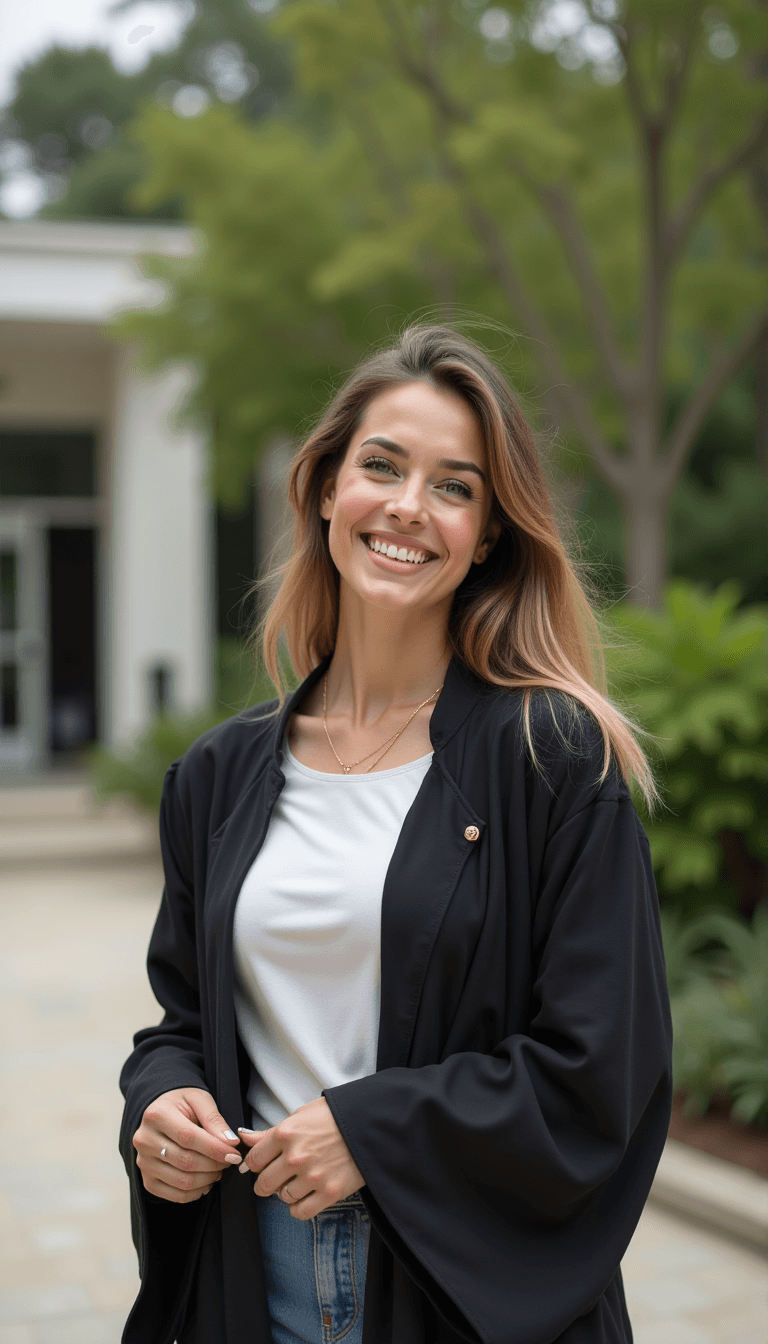 A woman wearing graduation robes looking confidently towards the camera. Emotion: . Environment: . Style: Natural