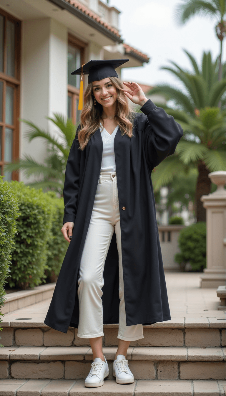 A woman in their graduation attire, striking a triumphant pose on a staircase. Emotion: . Environment: . Style: Natural