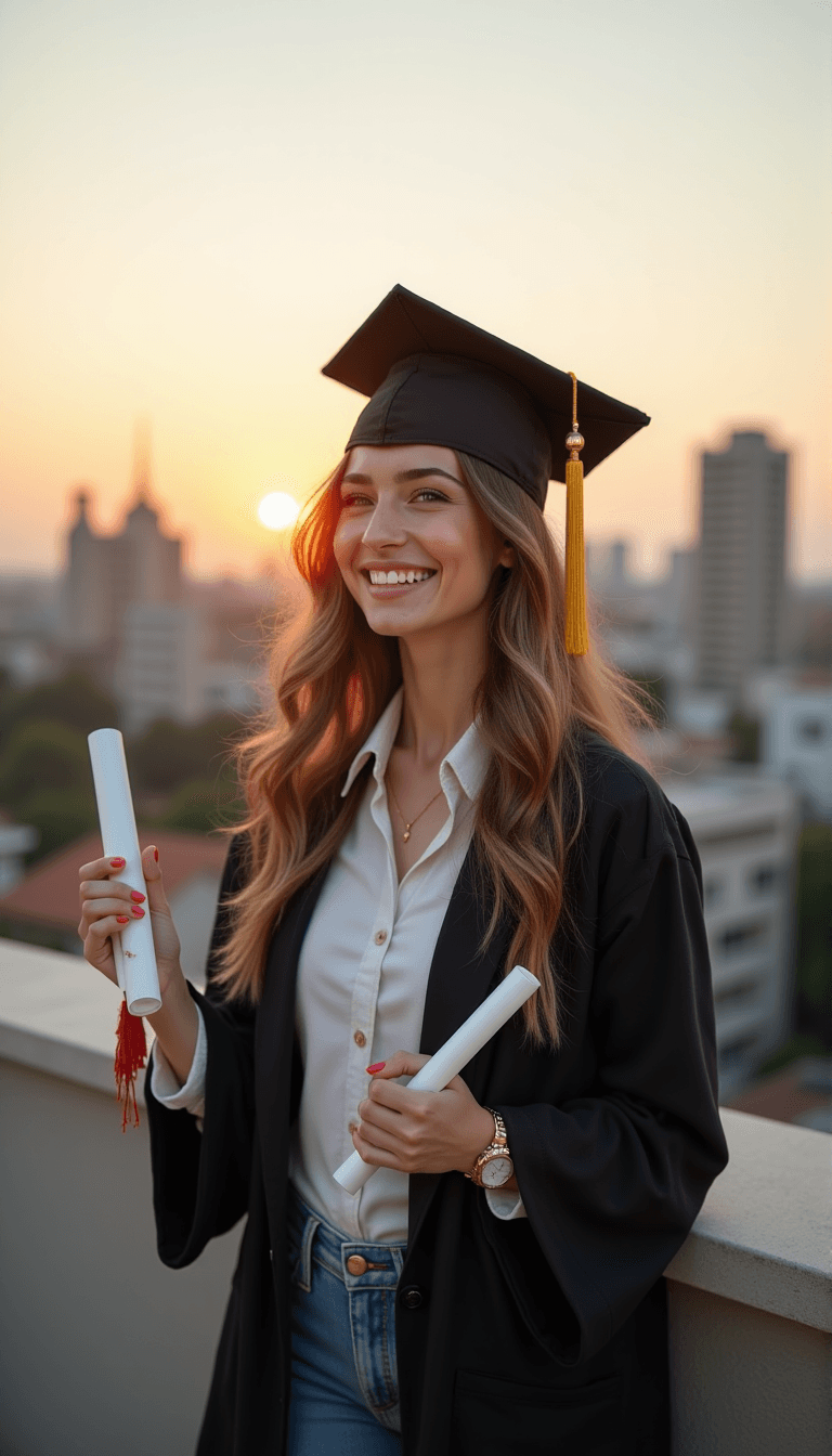 A graduate on a city rooftop at sunset, proudly displaying their diploma. Emotion: . Environment: . Style: Natural