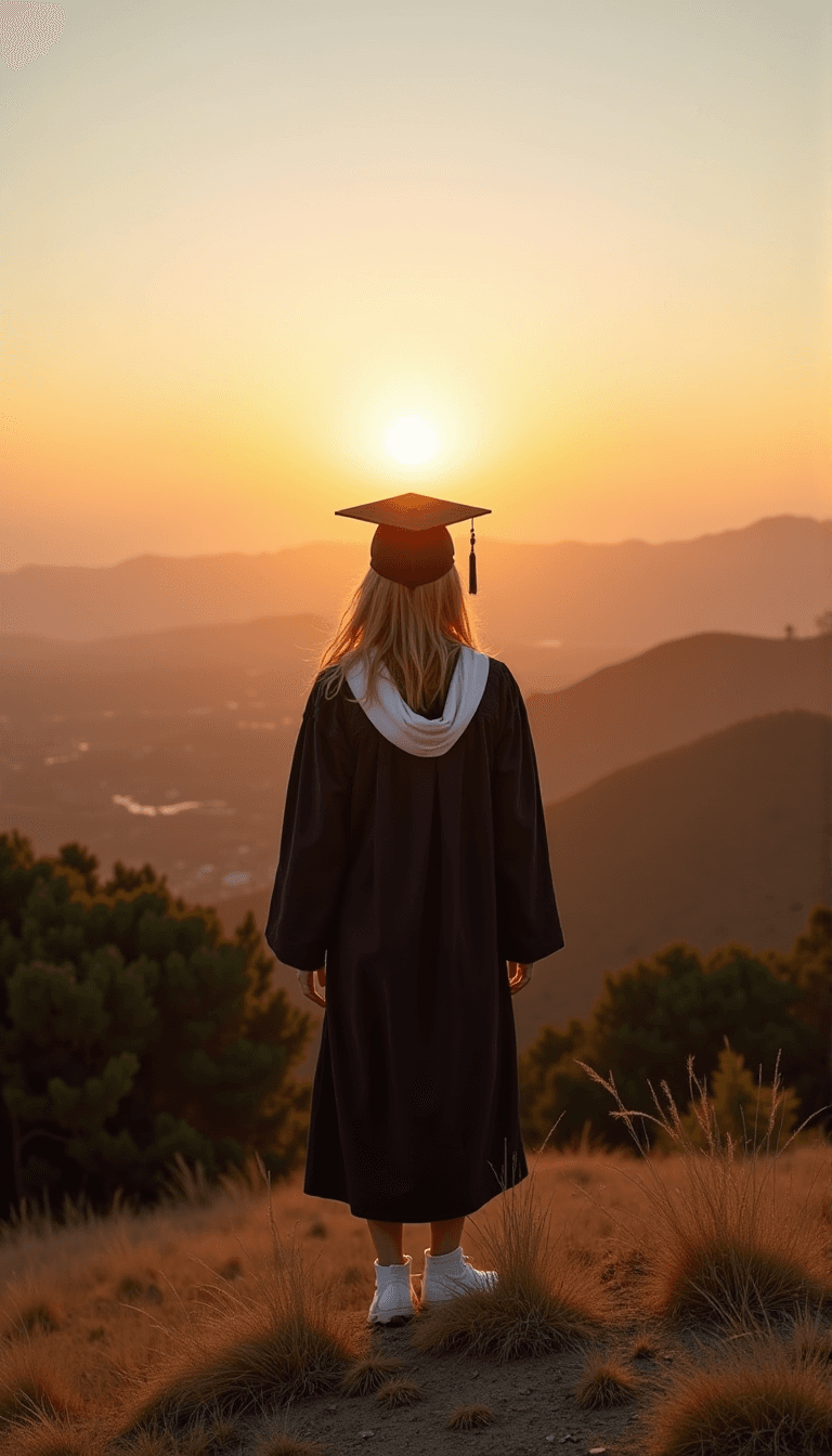 A graduate in robes standing at the top of a hill, looking out onto a sunrise. Emotion: . Environment: . Style: Natural