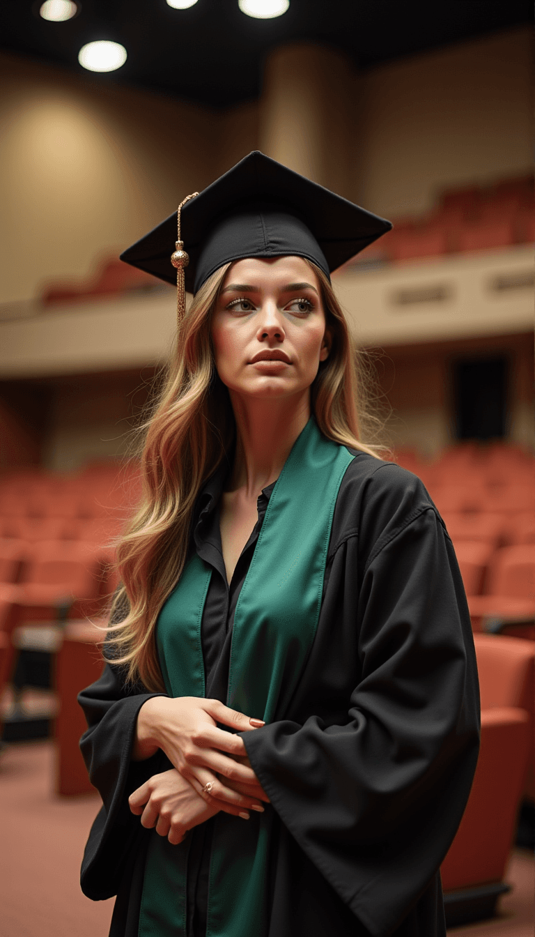 A woman wearing graduation cap and gown, standing in an empty auditorium, looking thoughtful. Emotion: . Environment: . Style: Natural