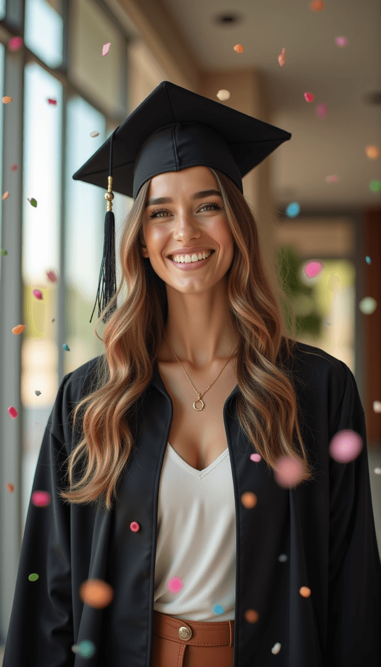 A woman in their graduation cap and gown, surrounded by colorful confetti in soft indoor light. Emotion: . Environment: . Style: Natural