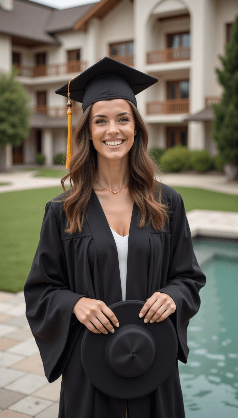 A woman in graduation attire, standing in front of an old library, holding their cap in their hand. Emotion: . Environment: . Style: Natural