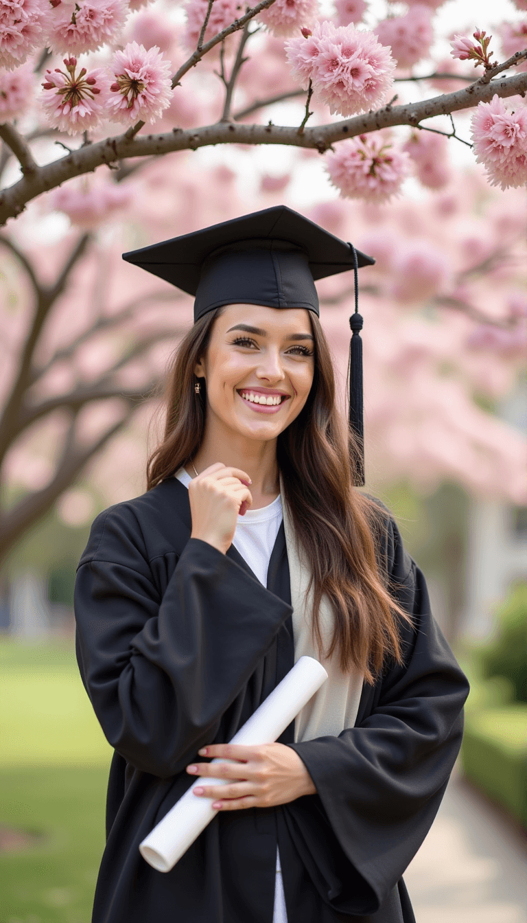 A graduate standing under a blooming cherry blossom tree, holding their cap and diploma. Emotion: . Environment: . Style: Natural