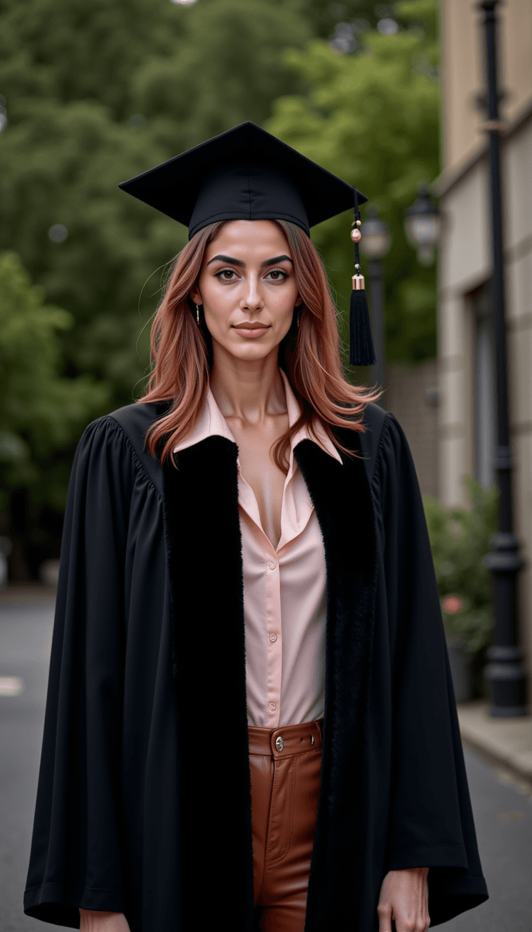 A woman wearing graduation robes looking confidently towards the camera. Emotion: . Environment: . Style: Natural