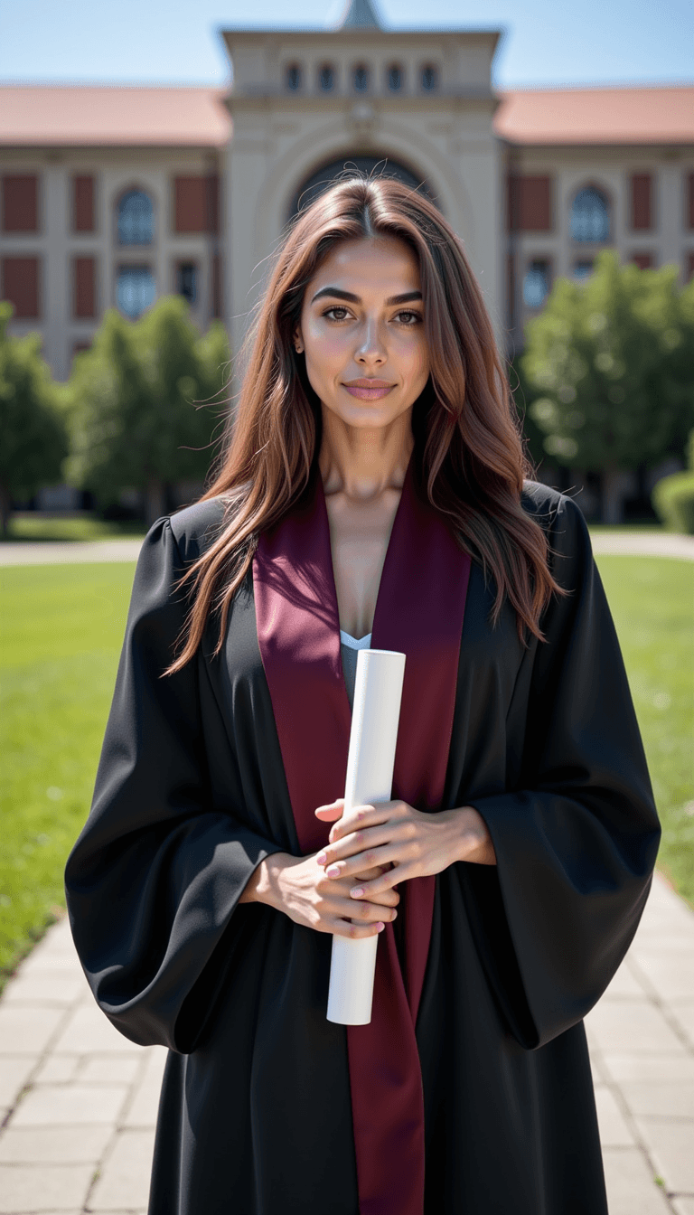 A woman in graduation robes standing in front of a university building, holding a diploma. Emotion: . Environment: . Style: Natural