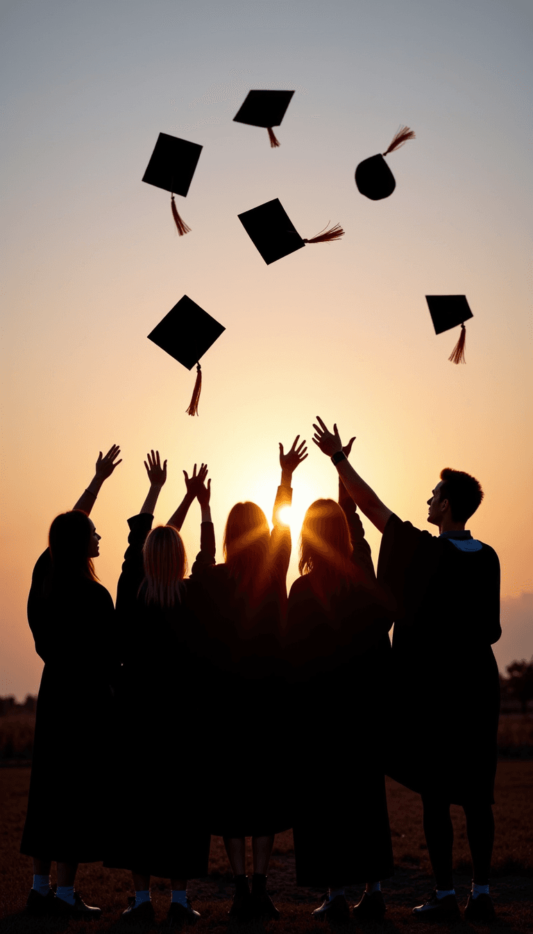 A group of graduates huddled together, throwing their caps in the air at sunset. Emotion: . Environment: . Style: Natural