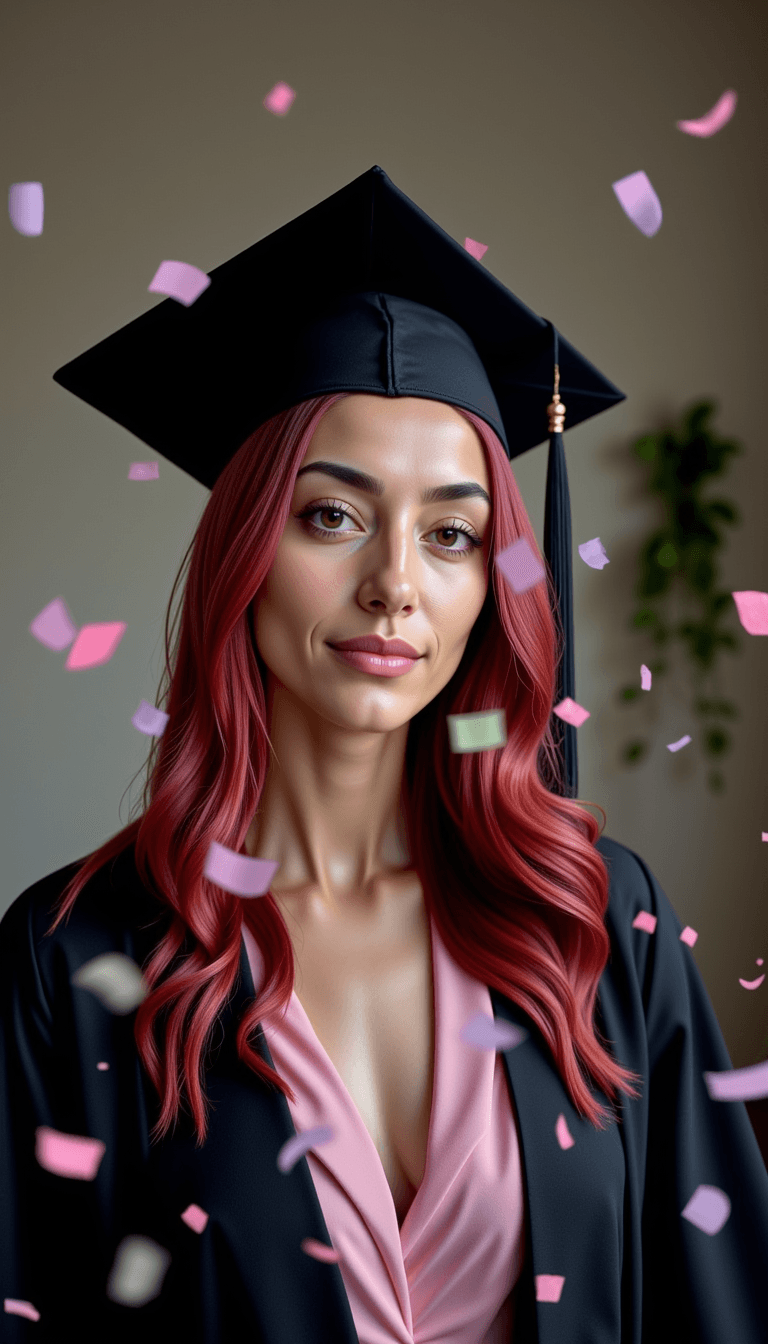A woman in their graduation cap and gown, surrounded by colorful confetti in soft indoor light. Emotion: . Environment: . Style: Natural
