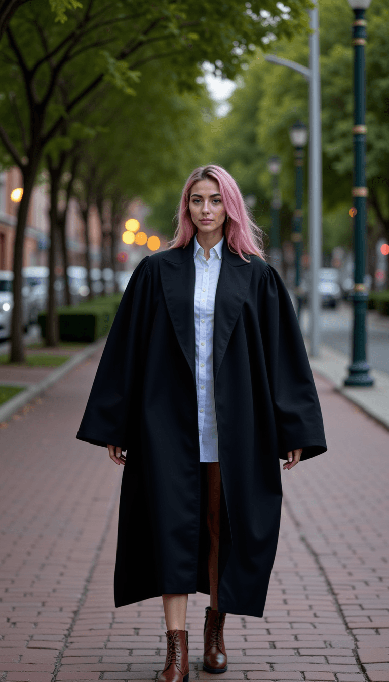 A woman in graduation robes, walking alone on a brick pavement, under the soft glow of street lights. Emotion: . Environment: . Style: Natural