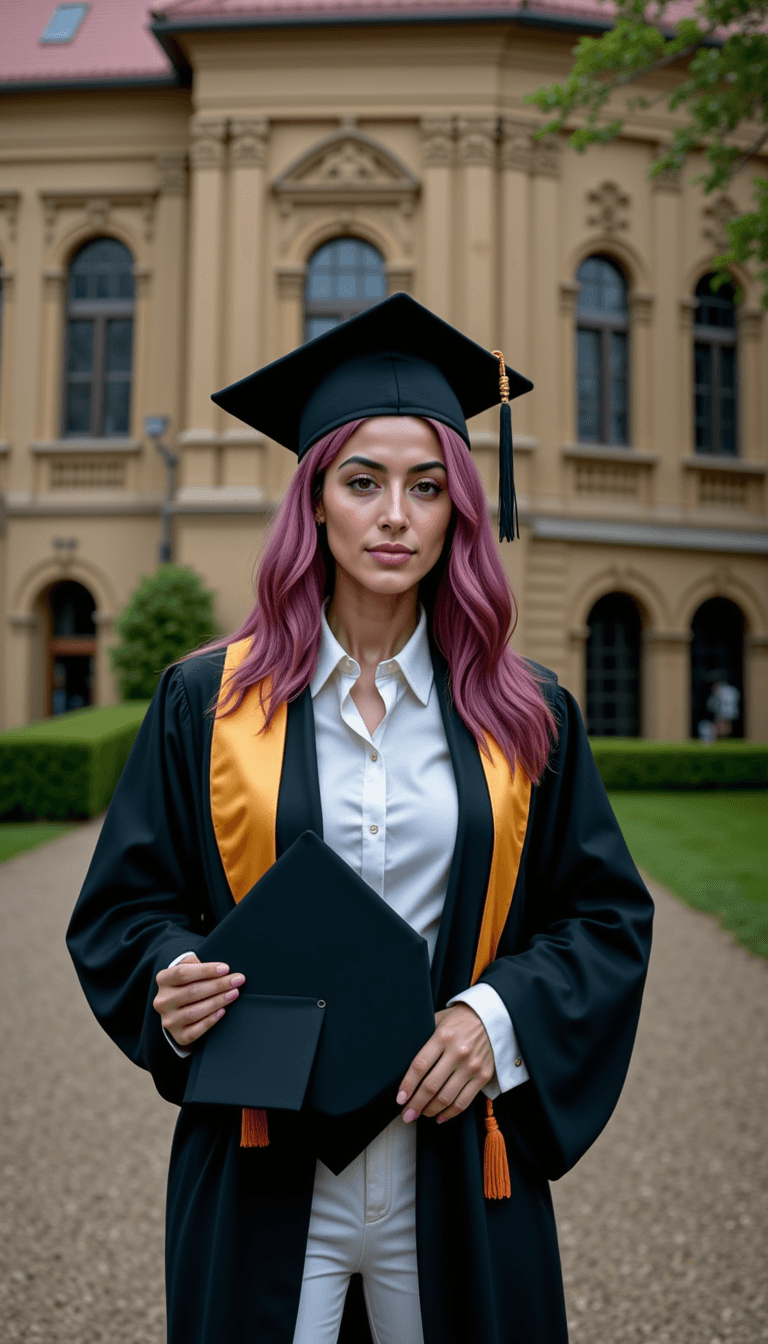 A woman in graduation attire, standing in front of an old library, holding their cap in their hand. Emotion: . Environment: . Style: Natural