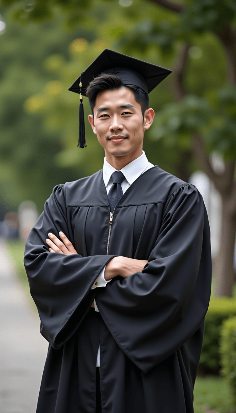 A man wearing graduation robes looking confidently towards the camera. Emotion: . Environment: . Style: Natural