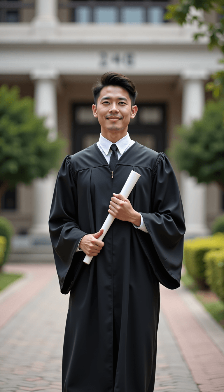 A man in graduation robes standing in front of a university building, holding a diploma. Emotion: . Environment: . Style: Natural