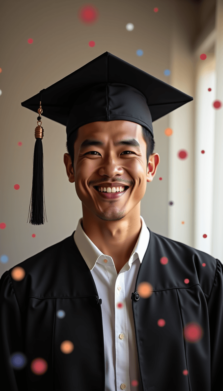 A man in their graduation cap and gown, surrounded by colorful confetti in soft indoor light. Emotion: . Environment: . Style: Natural