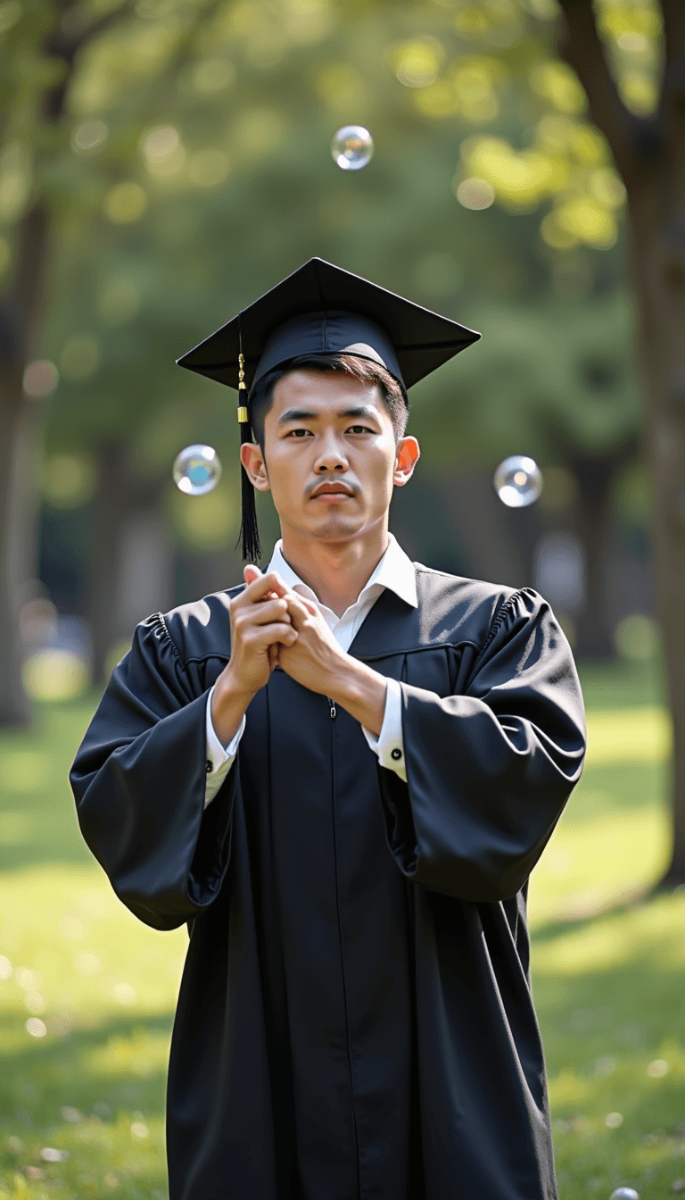 A man wearing graduation robes, blowing bubbles in a park under bright daylight. Emotion: . Environment: . Style: Natural