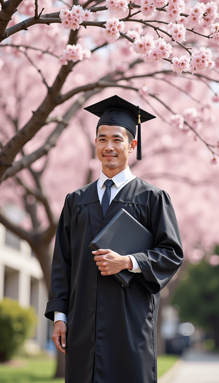 A graduate standing under a blooming cherry blossom tree, holding their cap and diploma. Emotion: . Environment: . Style: Natural