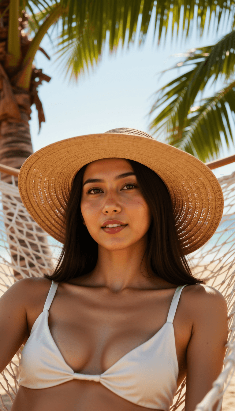 A woman lounging on a hammock with a straw hat covering their face, surrounded by palm trees casting dappled sunlight. Emotion: . Environment: . Style: Natural