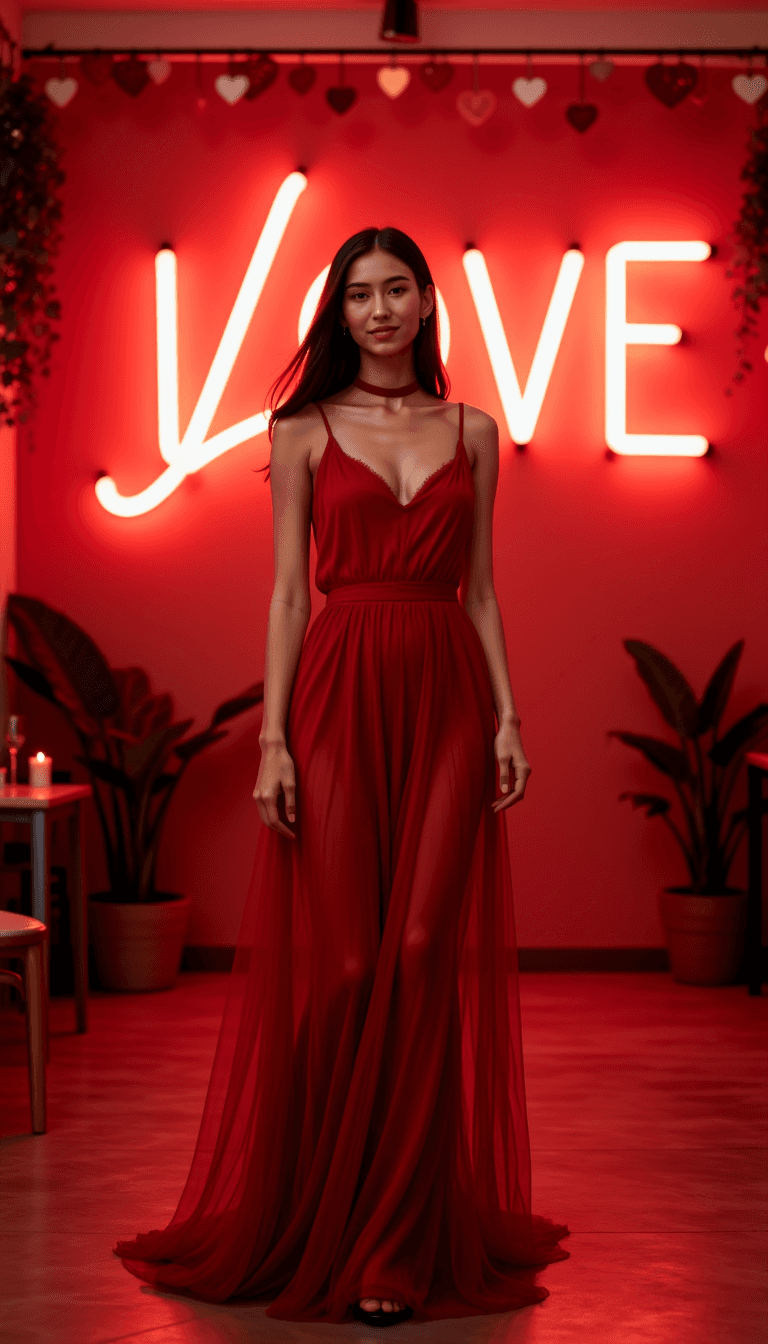 A woman wearing a flowing red dress, standing in front of a glowing 'Love' neon sign, surrounded by Valentine's Day decor like heart-shaped garlands and candles. Emotion: . Environment: . Style: realistic