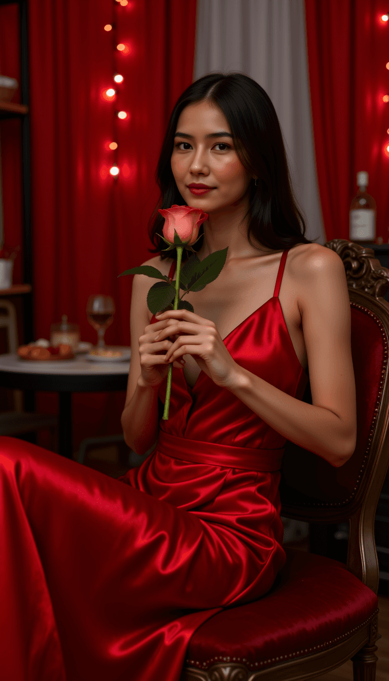 A woman in a silky red evening gown, sitting on a velvet chair, holding a single long-stemmed rose, with romantic string lights and red curtains in the background. Emotion: . Environment: . Style: realistic