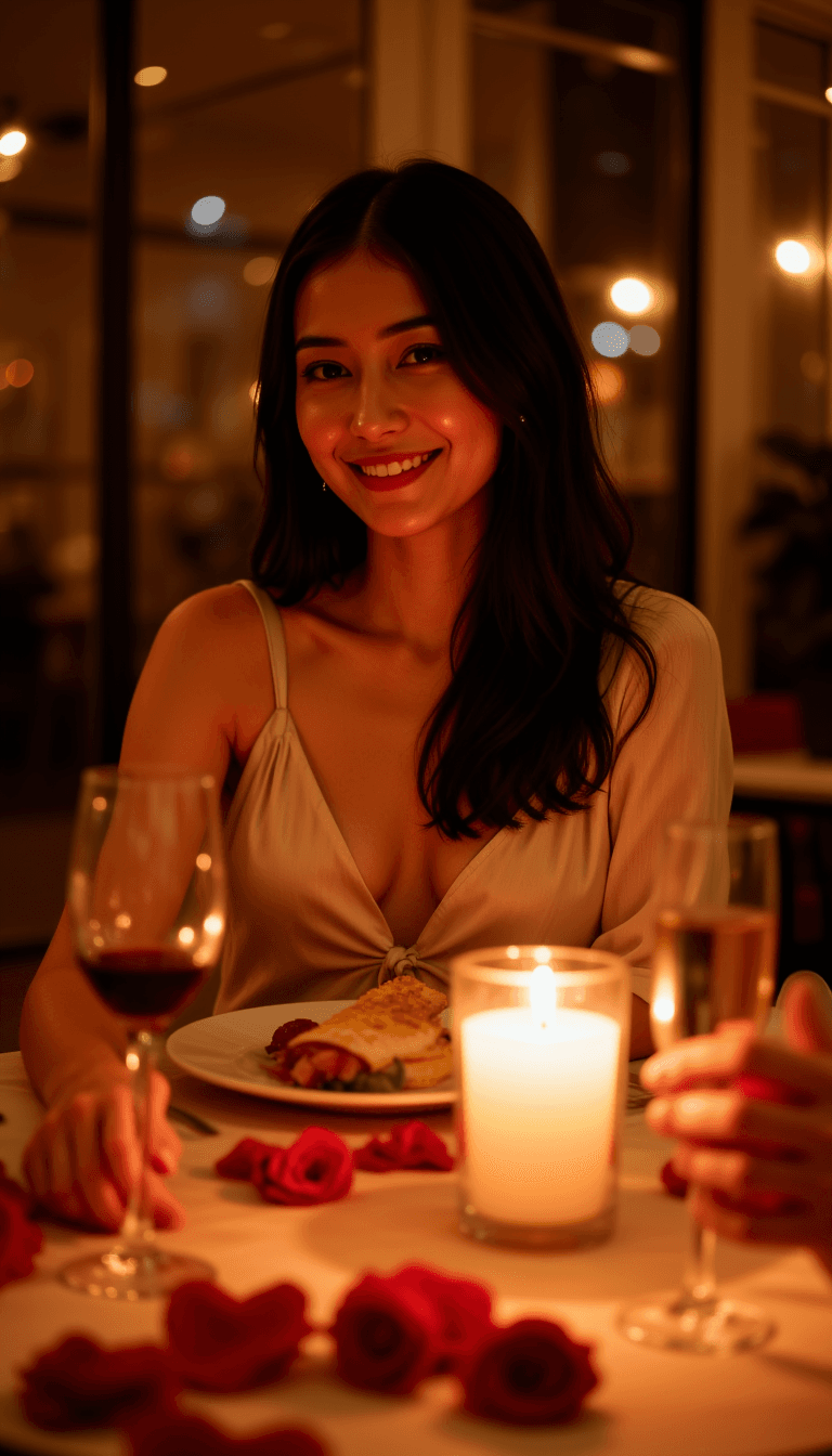 A woman enjoying a romantic candlelit dinner with soft lighting, set in a warm Valentine's-themed atmosphere with rose petals on the table. Emotion: . Environment: . Style: realistic