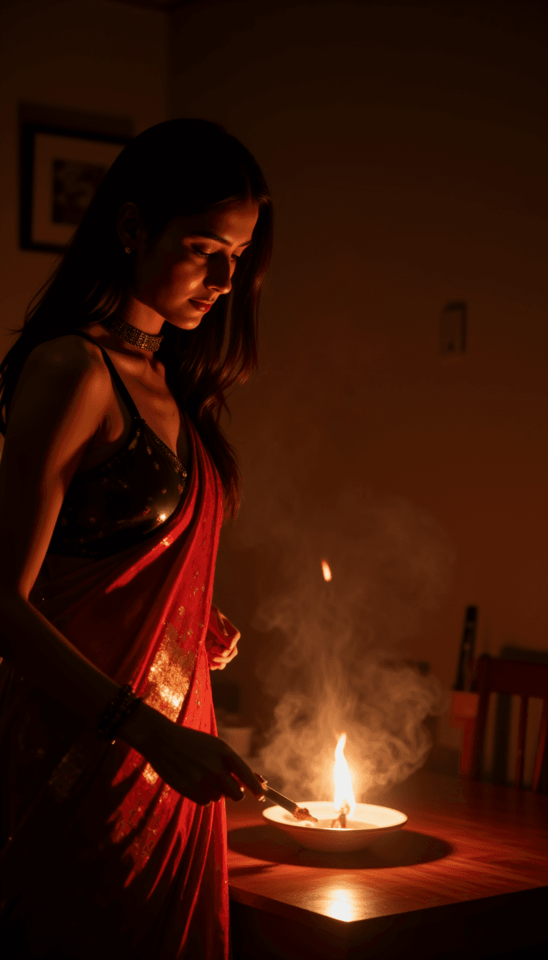 A woman in a traditional Indian outfit lighting diyas in a dimly lit room. Emotion: . Environment: . Style: Natural