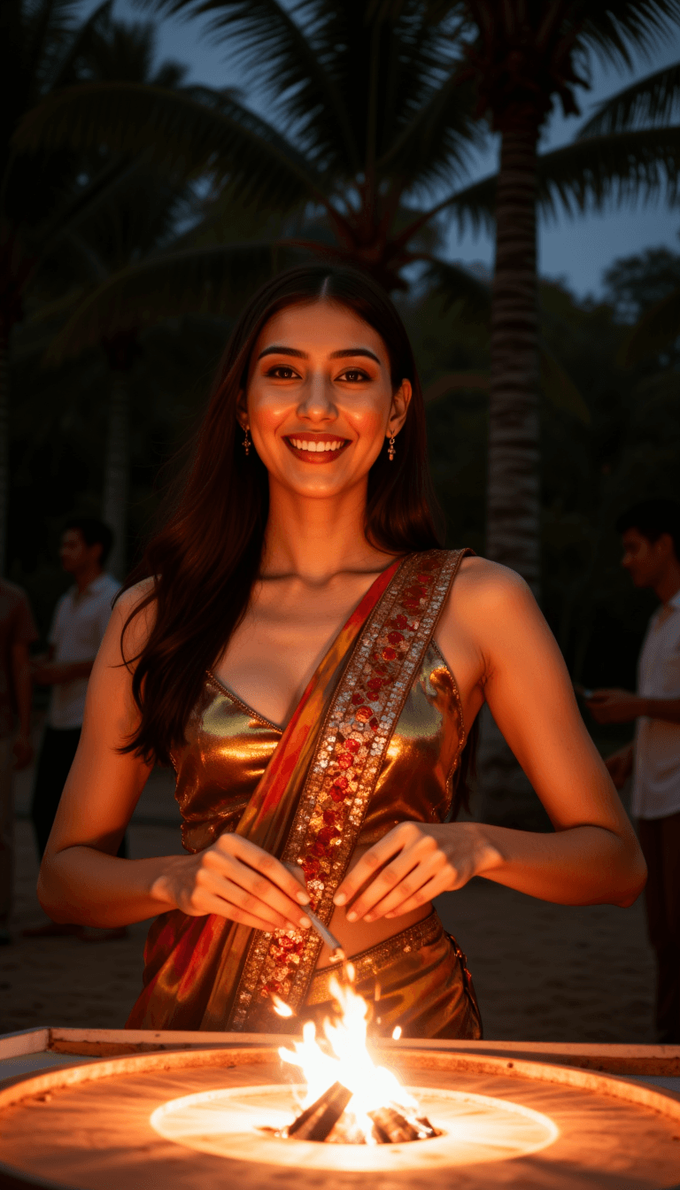 A woman wearing a vibrant saree, holding sparklers, with a lit rangoli in the foreground. Emotion: . Environment: . Style: Natural