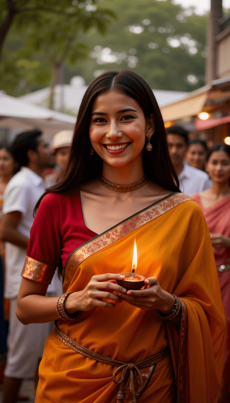 An woman in Indian attire smiling and holding a lit diya in a festive setting. Emotion: . Environment: . Style: Natural