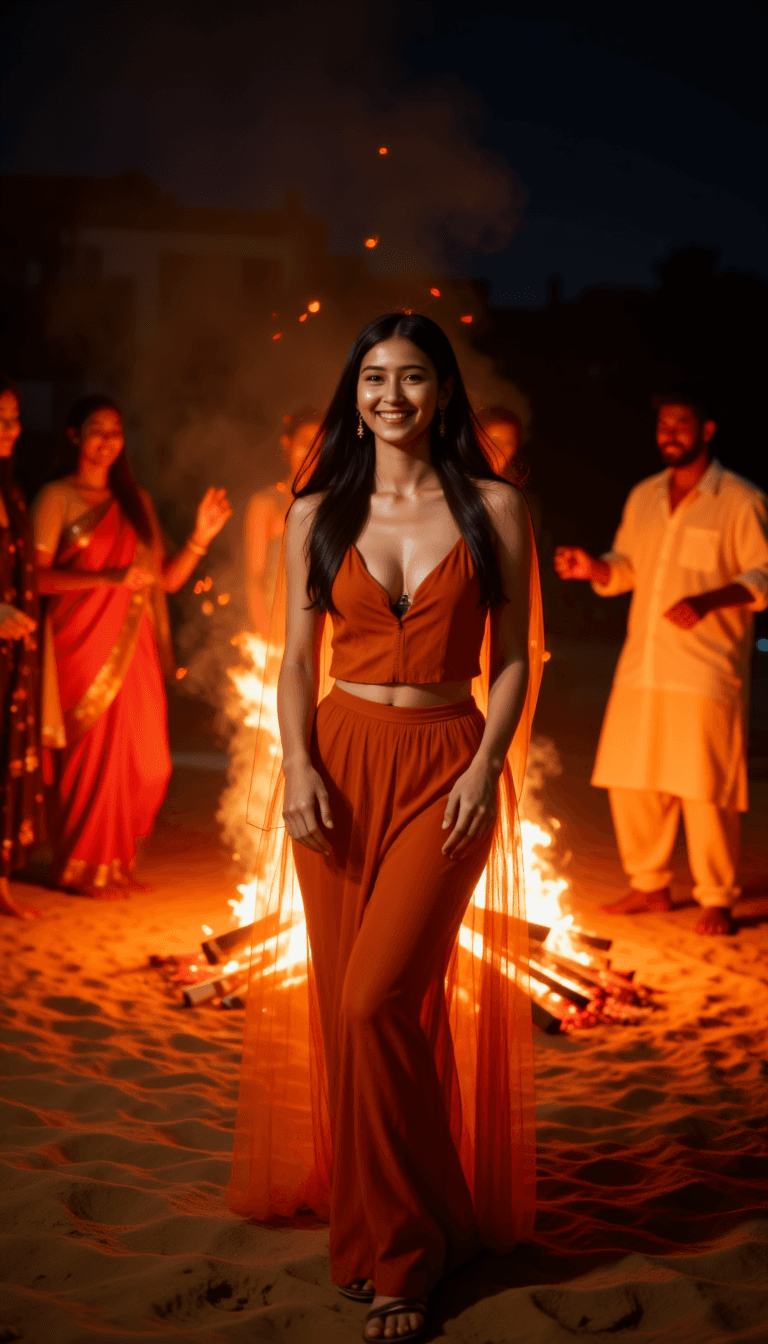 A group of people in traditional wear dancing around a brightly lit bonfire during Diwali. Emotion: . Environment: . Style: Natural