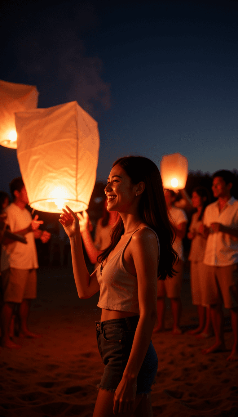 A woman releasing sky lanterns into the night sky, with a joyous, celebratory expression. Emotion: . Environment: . Style: Natural
