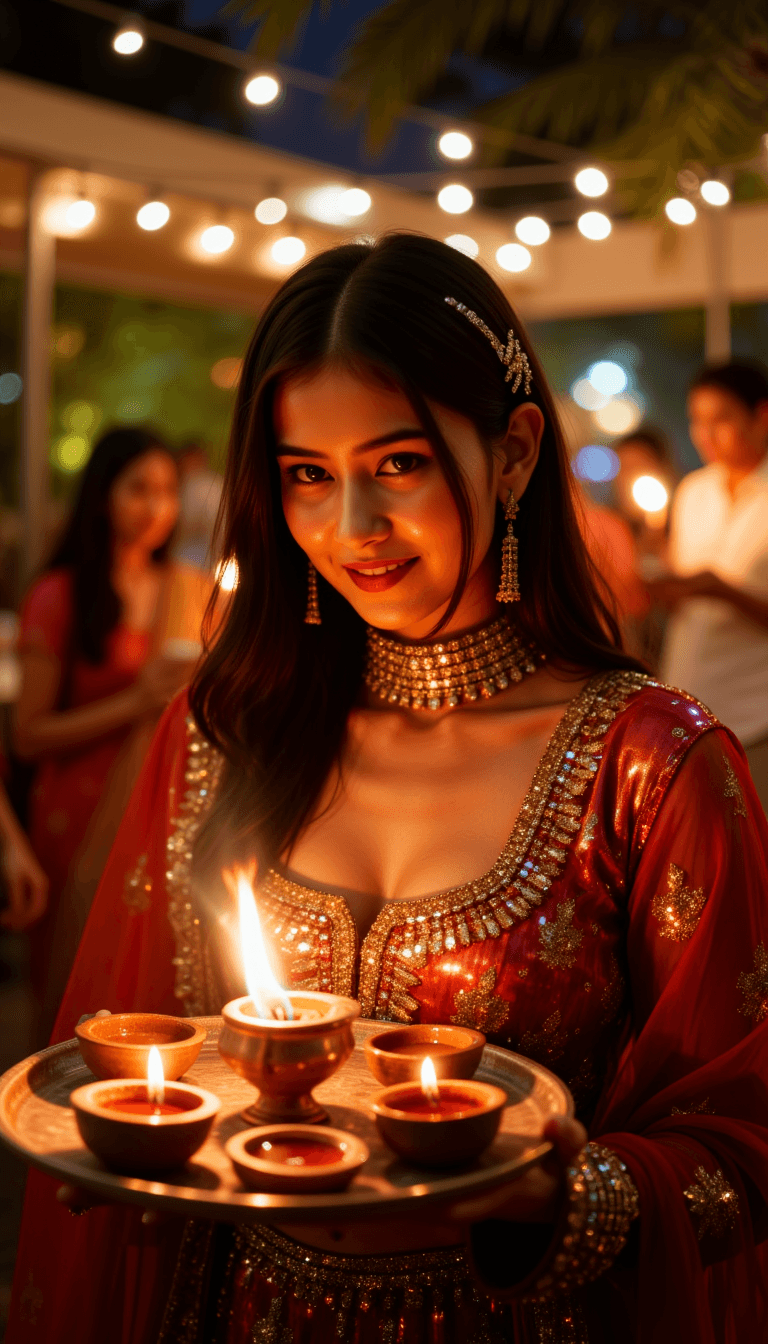 A woman in an ornate lehenga, holding a thali of diyas, against a backdrop of string lights. Emotion: . Environment: . Style: Natural