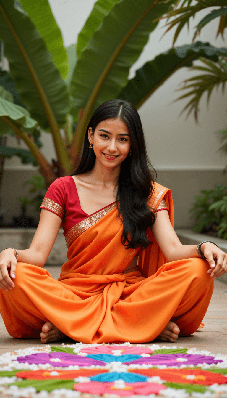 A woman in traditional Indian attire, sitting cross-legged and arranging a colorful rangoli. Emotion: . Environment: . Style: Natural