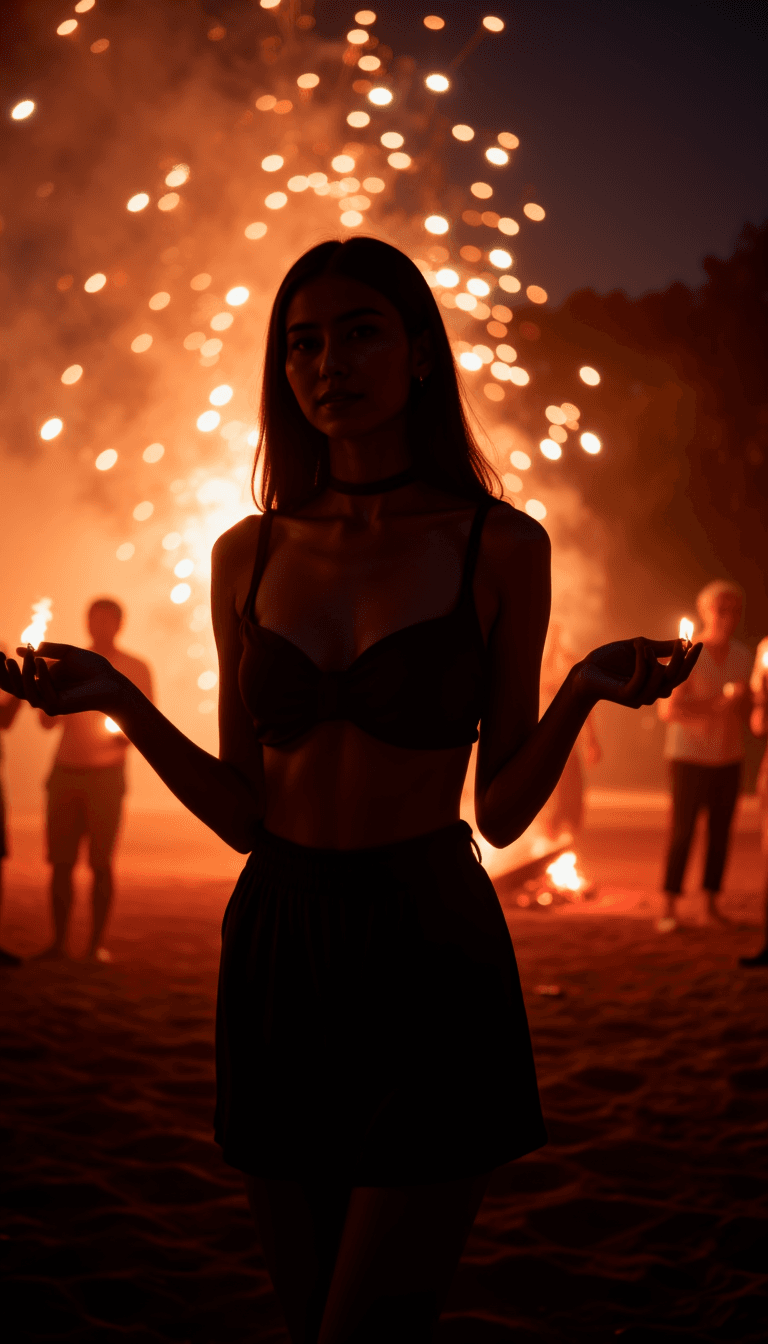 A woman's silhouette against a backdrop of fireworks, holding a diya in their hands. Emotion: . Environment: . Style: Natural
