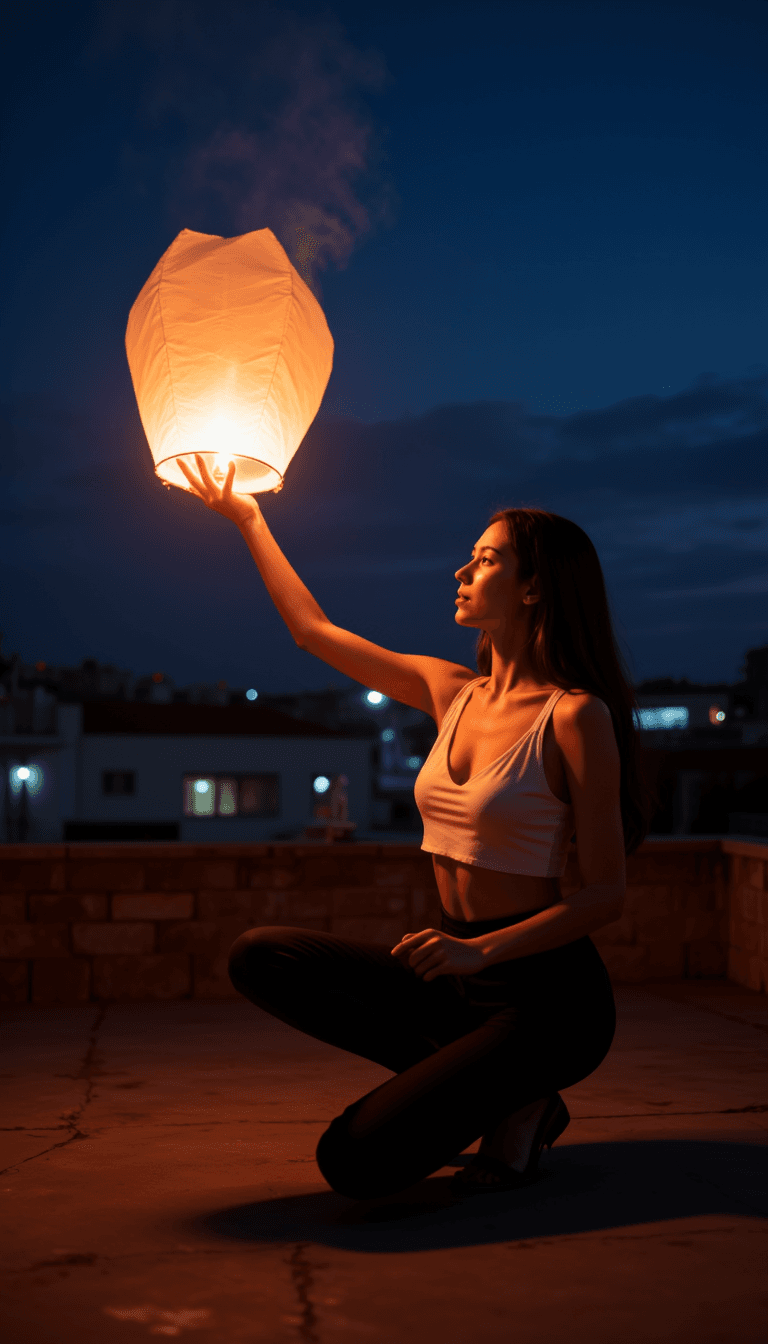 A woman sitting on a rooftop, releasing a glowing sky lantern into the night sky. Emotion: . Environment: . Style: Natural