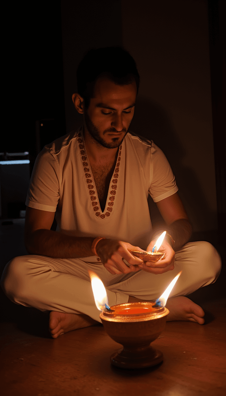 A man in a traditional Indian outfit lighting diyas in a dimly lit room. Emotion: . Environment: . Style: Natural