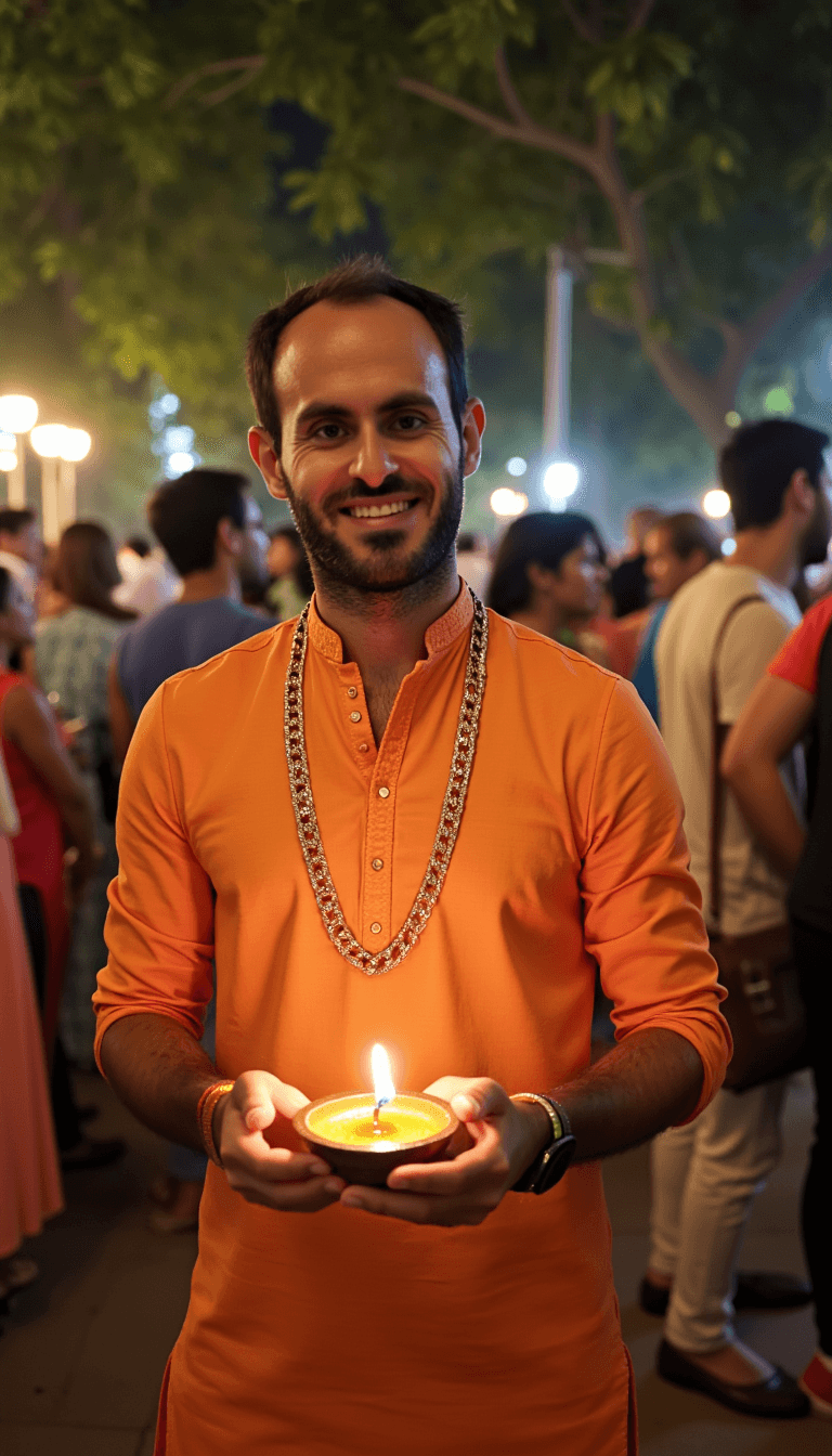 An man in Indian attire smiling and holding a lit diya in a festive setting. Emotion: . Environment: . Style: Natural