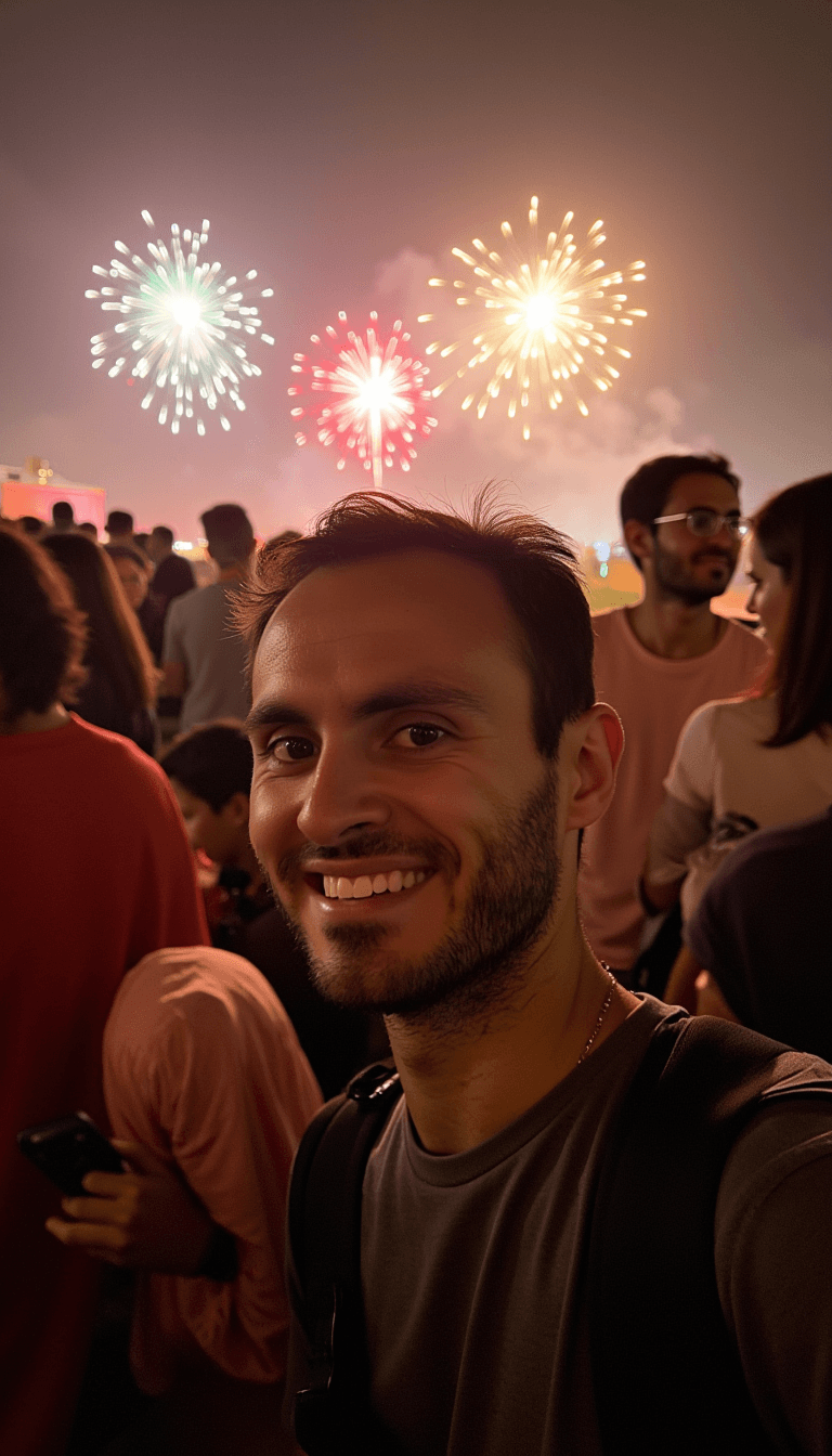 A joyful group of people celebrating Diwali with colorful fireworks in the background. Emotion: . Environment: . Style: Natural