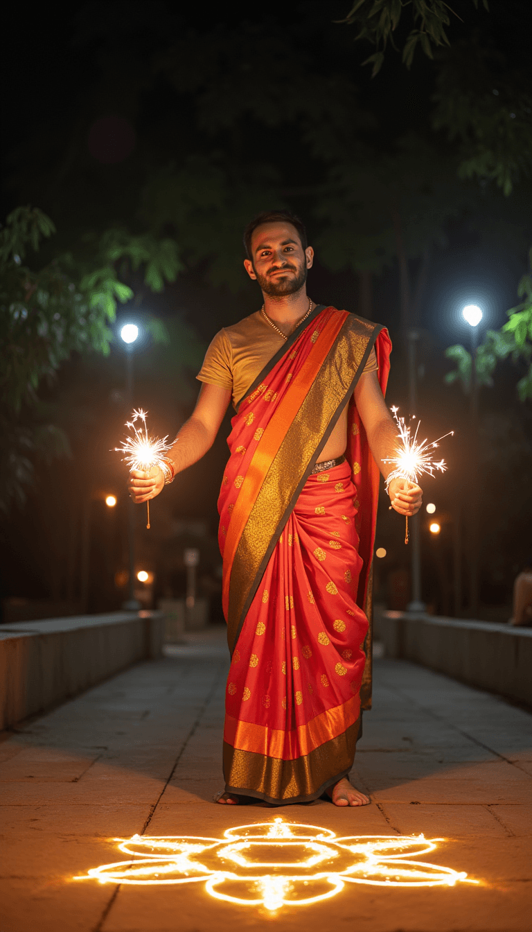 A man wearing a vibrant saree, holding sparklers, with a lit rangoli in the foreground. Emotion: . Environment: . Style: Natural