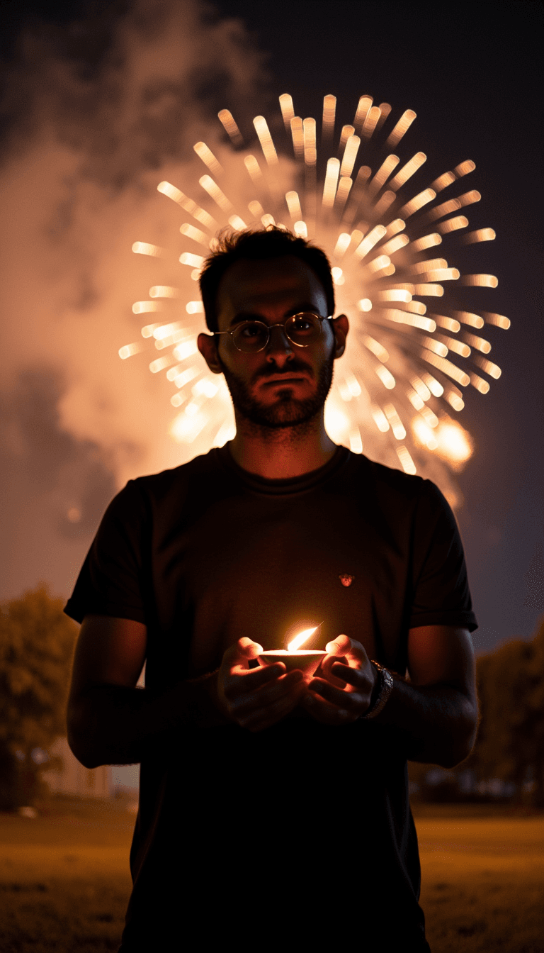 A man's silhouette against a backdrop of fireworks, holding a diya in their hands. Emotion: . Environment: . Style: Natural